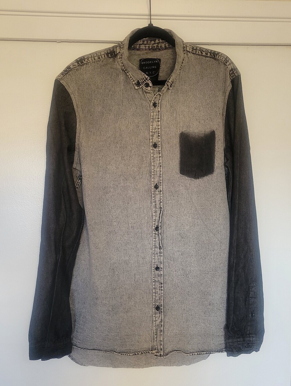 Brooklyn Calling NYC Acid Wash Denim Shirt XL Gray Black Colorblock Button Up